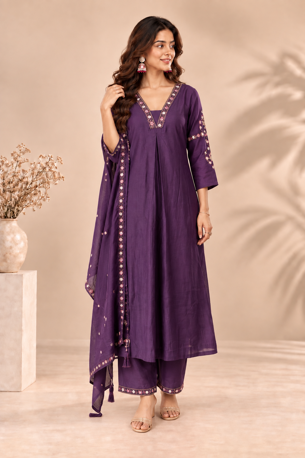 Elegant Deep Purple Embroidered Kurta Pant Set with Dupatta