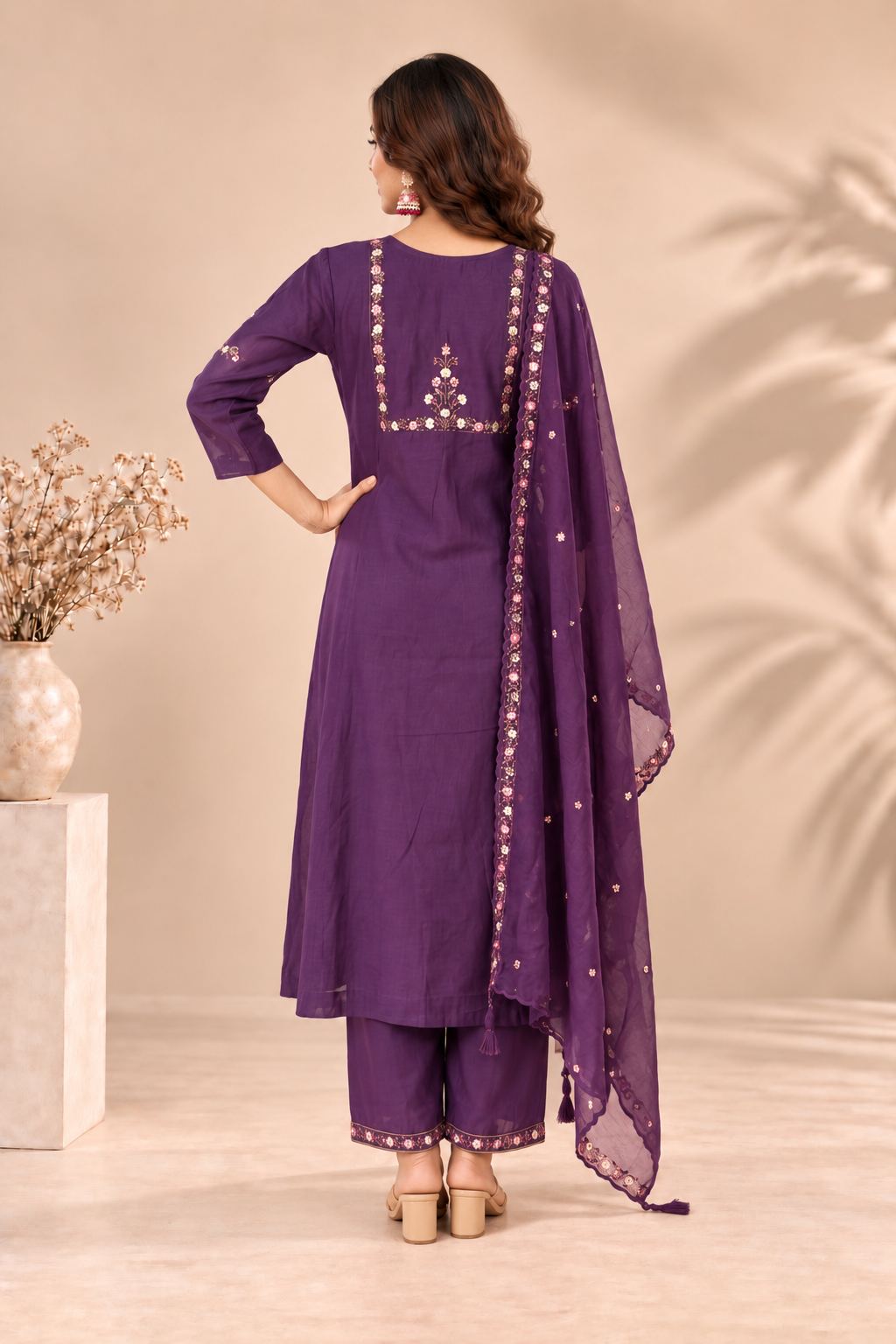 Elegant Deep Purple Embroidered Kurta Pant Set with Dupatta