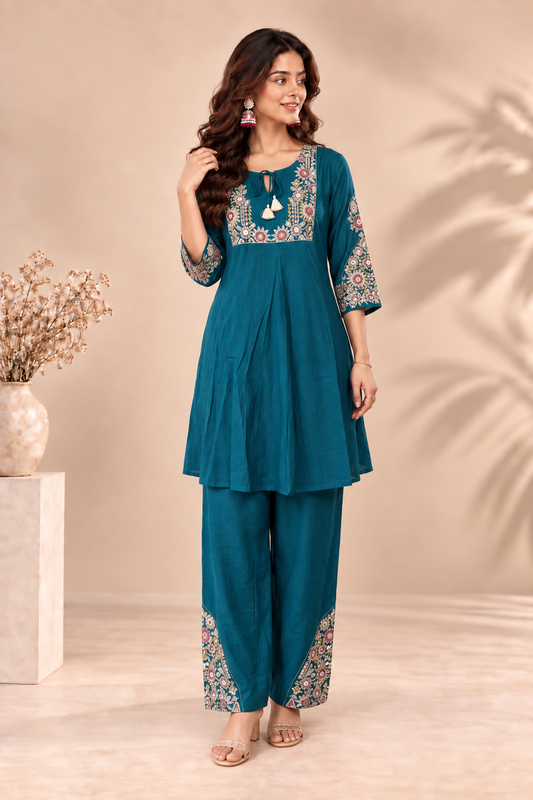 Elegant Teal Blue Embroidered Kurta Pant Set