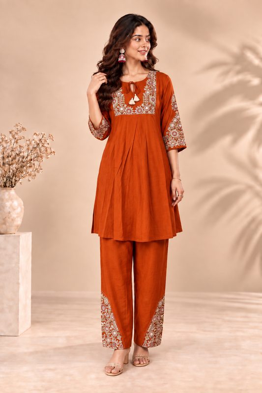 Elegant Rust Orange Embroidered Kurta Pant Set