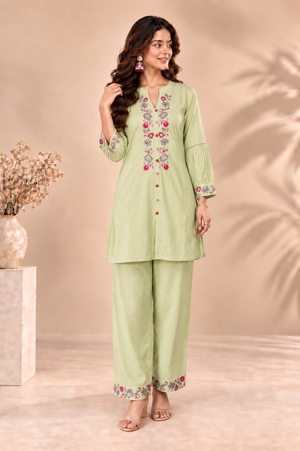 Elegant Mint Green Embroidered Kurta Pant Set