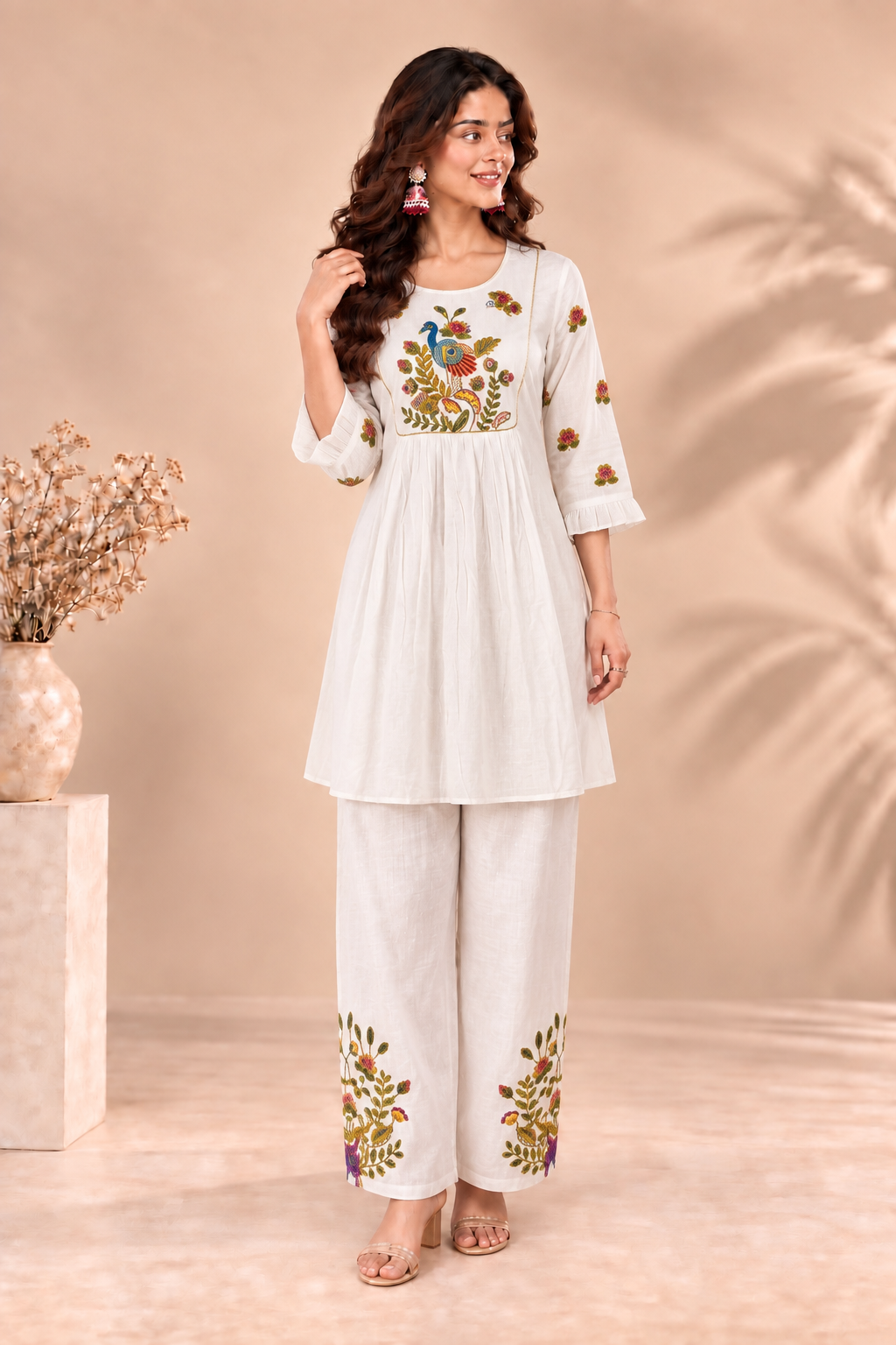 Elegant White Embroidered Kurta Palazzo Set