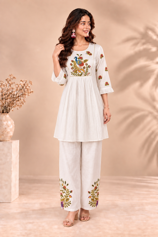 Elegant White Embroidered Kurta Palazzo Set
