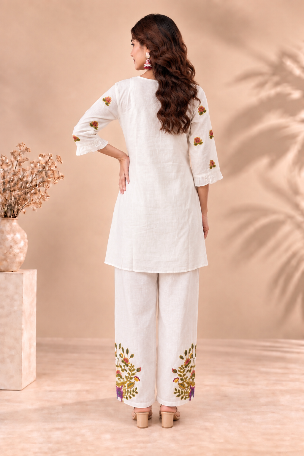Elegant White Embroidered Kurta Palazzo Set