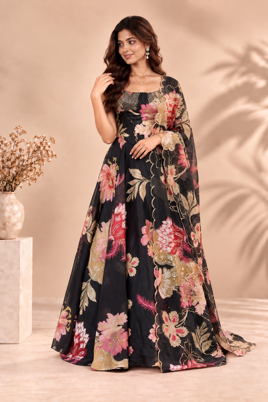 Designer Pure Organza Digital Print Lehenga Choli Set with Embroidered Corset Blouse
