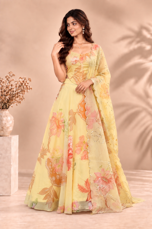 Designer Pure Organza Digital Print Lehenga Choli Set with Embroidered Corset Blouse