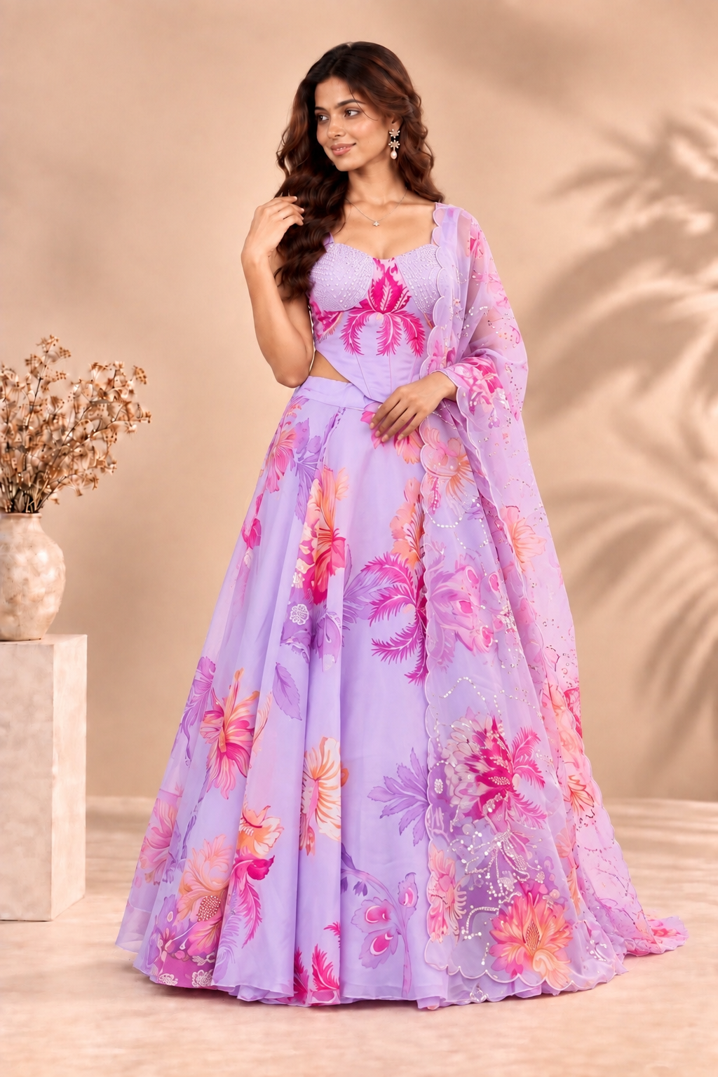 Designer Pure Organza Digital Print Lehenga Choli Set with Embroidered Corset Blouse
