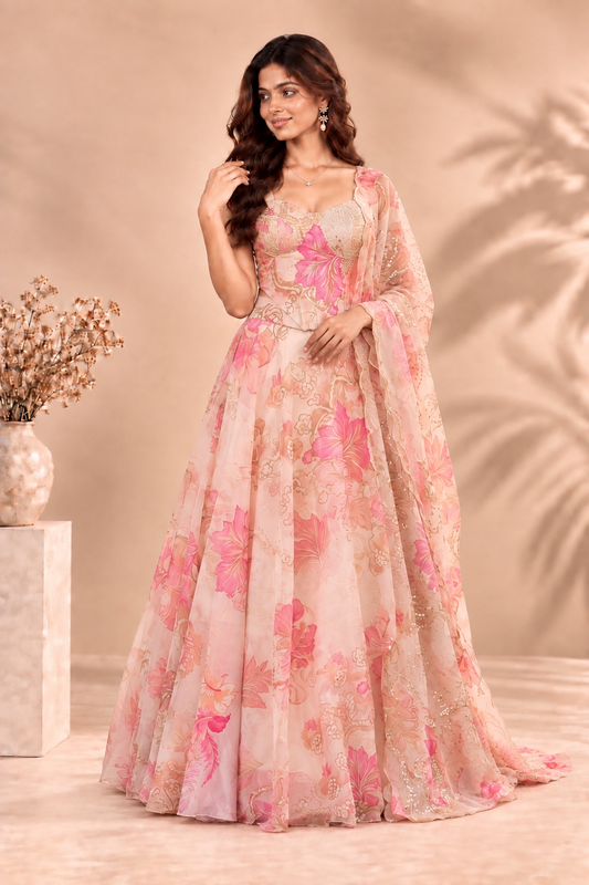 Designer Pure Organza Digital Print Lehenga Choli Set with Embroidered Corset Blouse