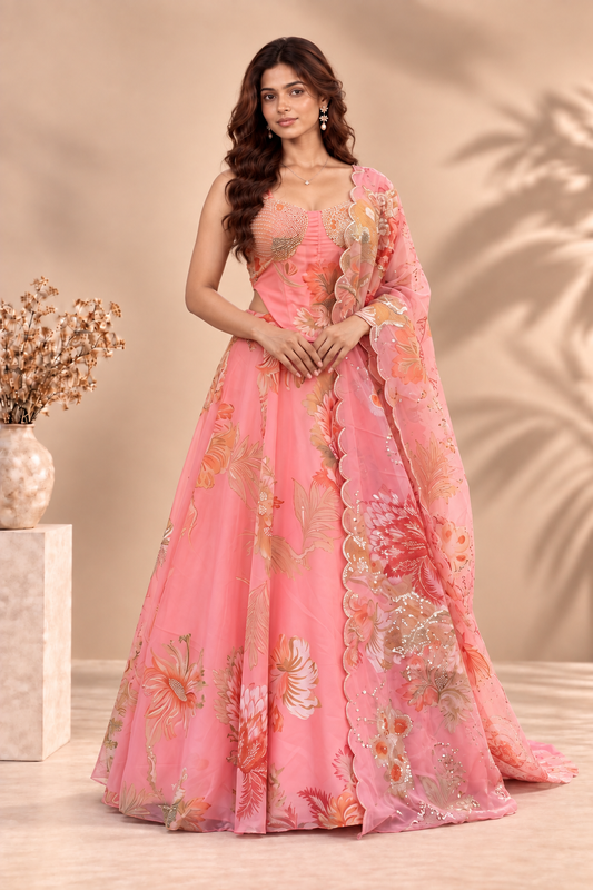 Designer Pure Organza Digital Print Lehenga Choli Set with Embroidered Corset Blouse