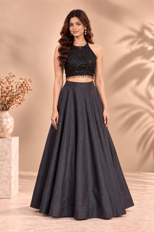 Black Halter Neck Lehanga Set