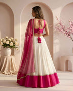 White & Rani Pink Designer Lehenga Choli Set with Net Dupatta