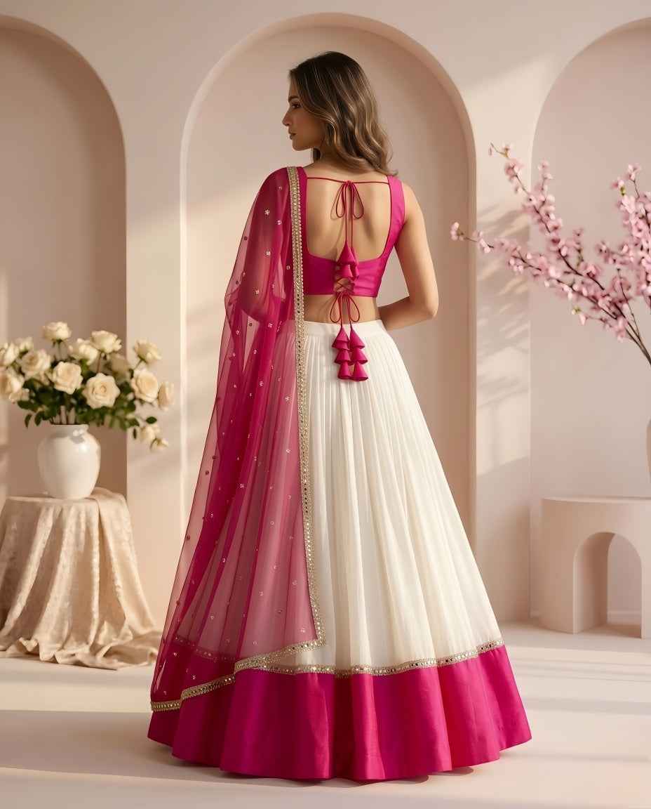 White & Rani Pink Designer Lehenga Choli Set with Net Dupatta
