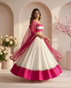 White & Rani Pink Designer Lehenga Choli Set with Net Dupatta
