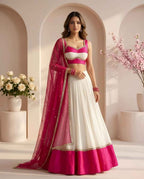 White & Rani Pink Designer Lehenga Choli Set with Net Dupatta