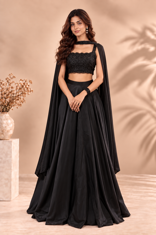 Black Embroidered Crop Top with Satin Flared Maxi Skirt Set