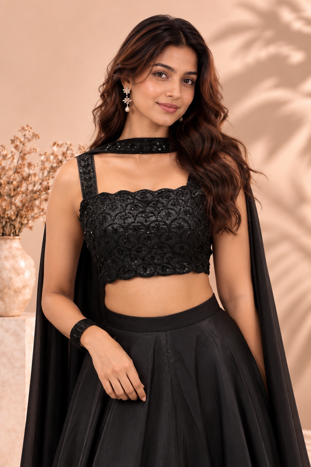 Black Embroidered Crop Top with Satin Flared Maxi Skirt Set