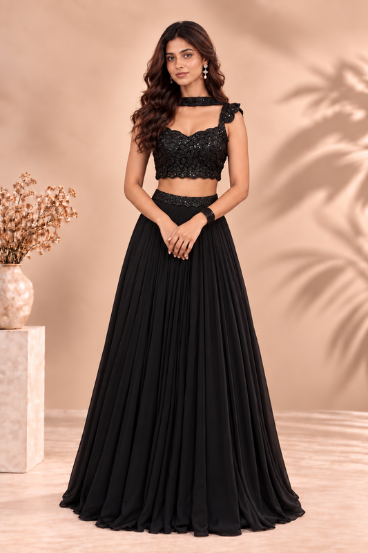 Black Sequin Embellished Crop Top & Pleated Maxi Skirt Co-ord Set