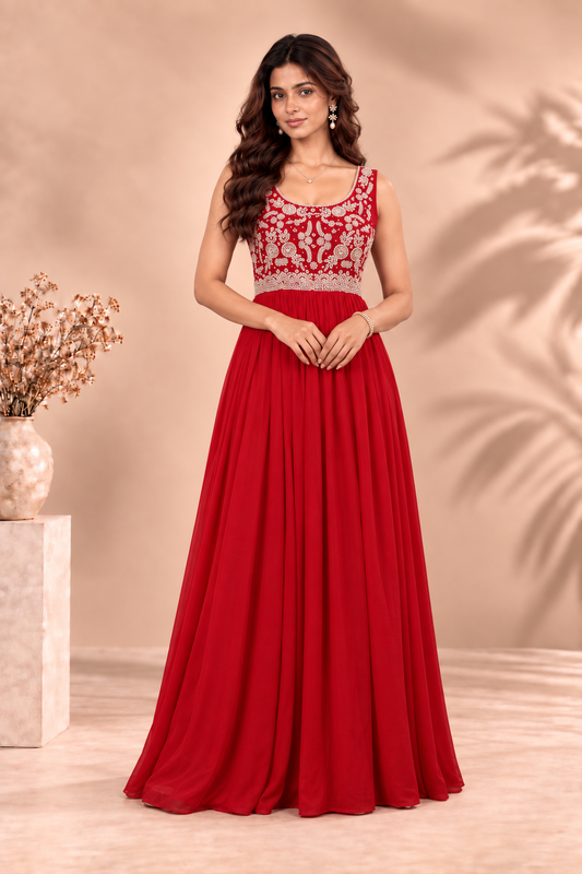 Royal Red Embroidered Georgette Anarkali Gown