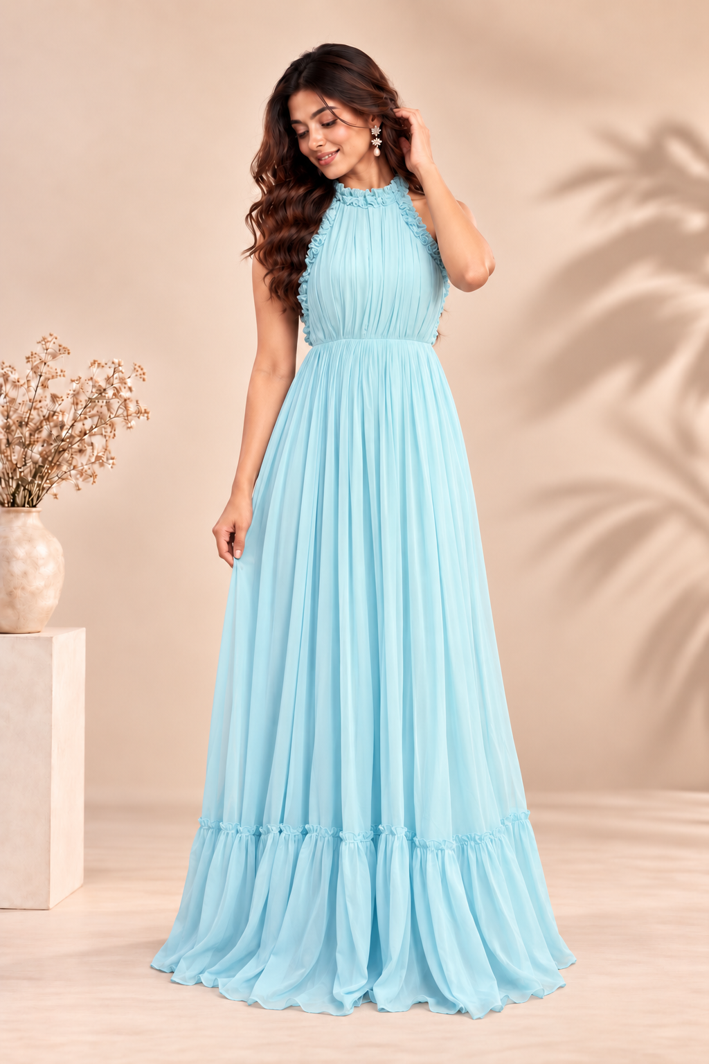 Elegant Sky Blue Halter Neck Ruffle Maxi Dress