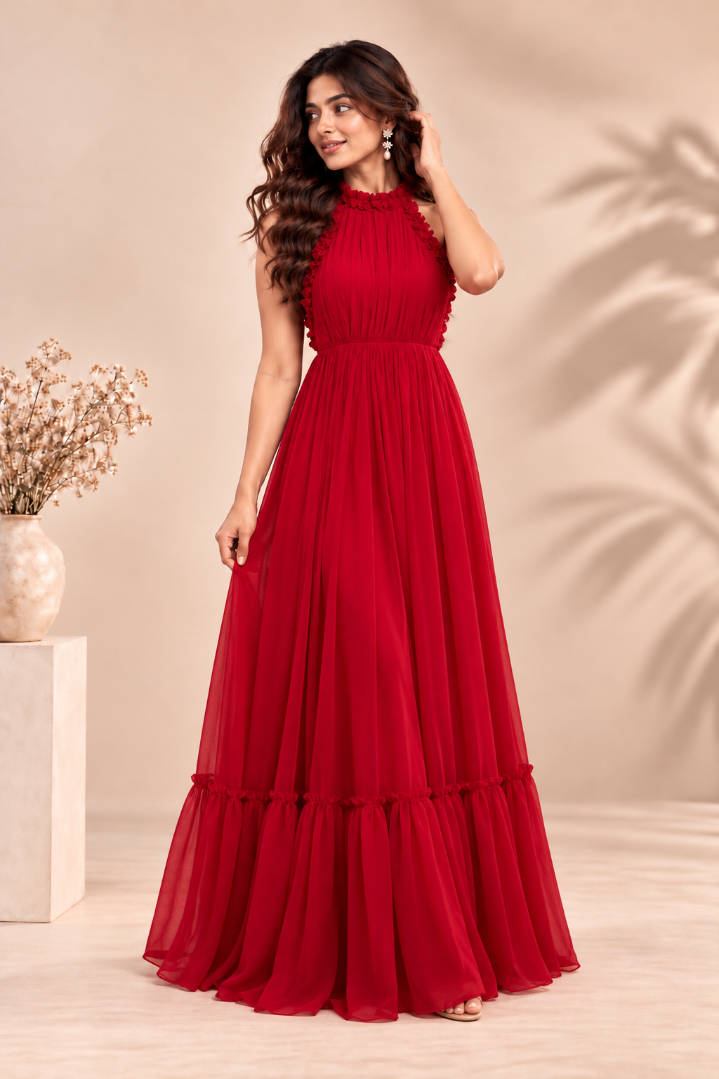 Elegant Red Halter Neck Ruffle Maxi Dress