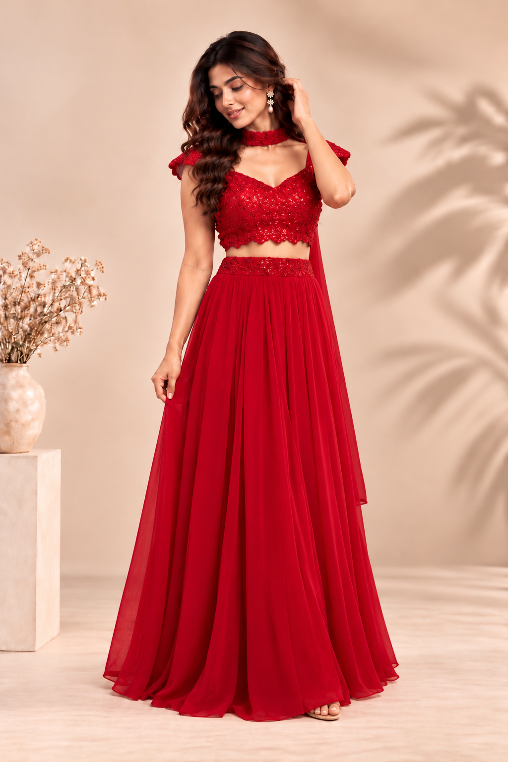 Radiant Red Heavy Embellished Blouse & Pleated Georgette Lehenga
