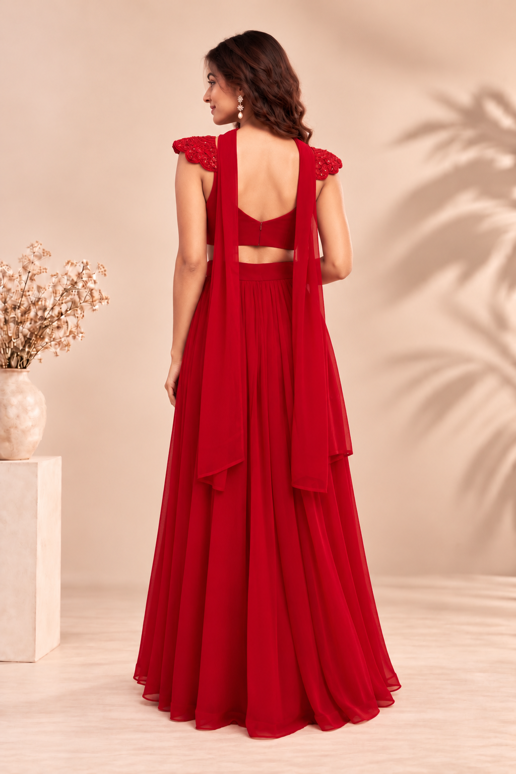 Radiant Red Heavy Embellished Blouse & Pleated Georgette Lehenga