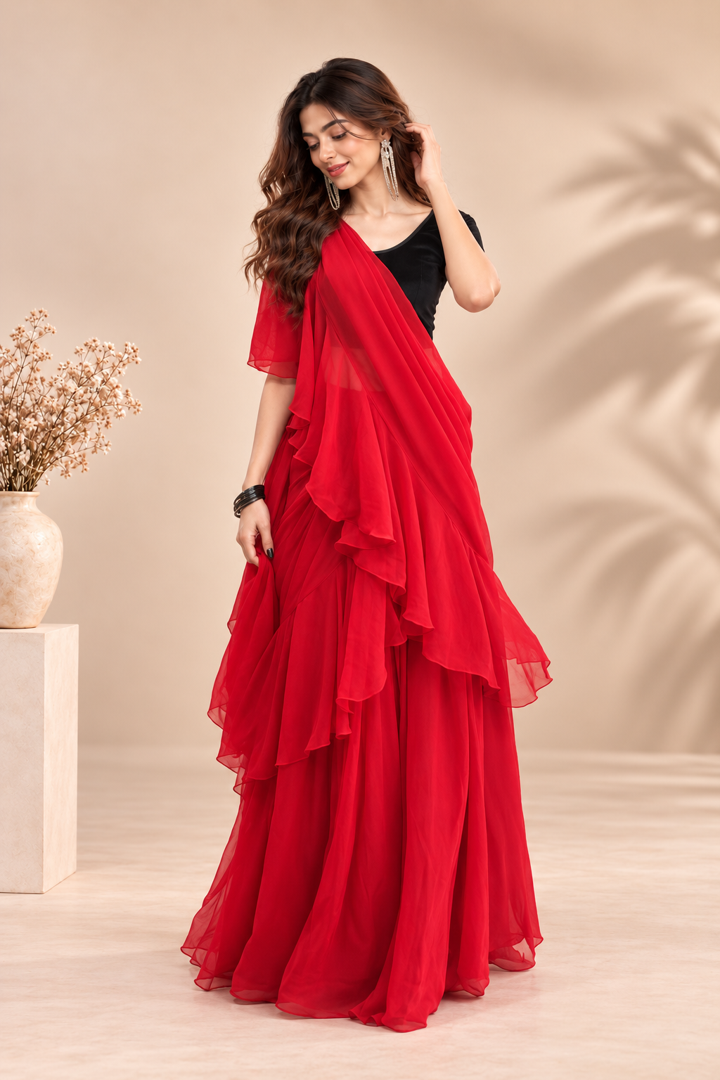 Elegant Red Ruffle Georgette Saree