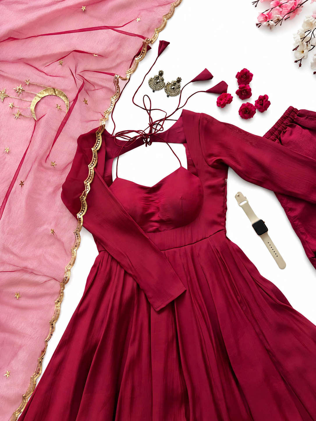 Elegant Wine Maroon Anarkali Gown with Pink Dupatta