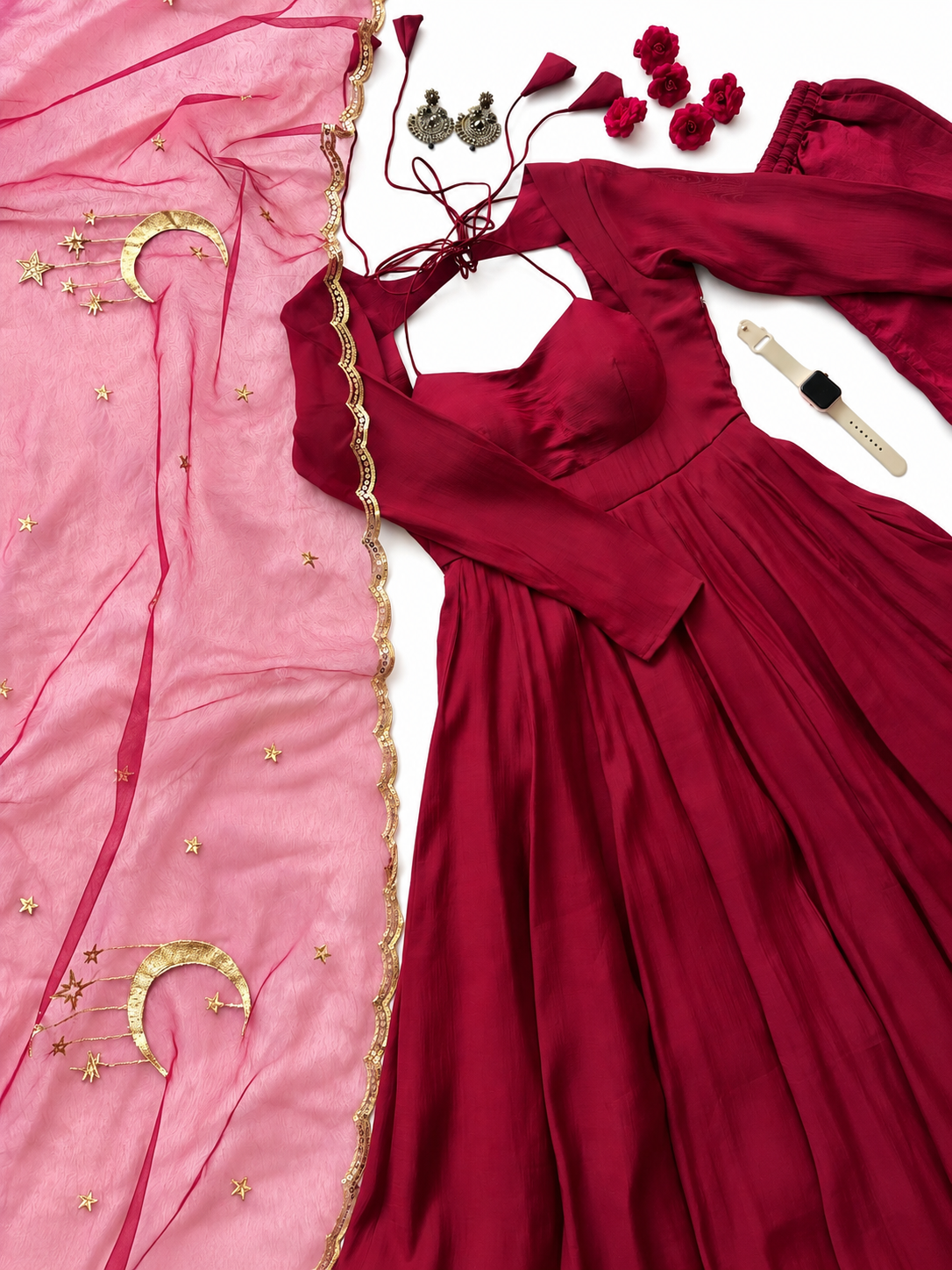 Elegant Wine Maroon Anarkali Gown with Pink Dupatta