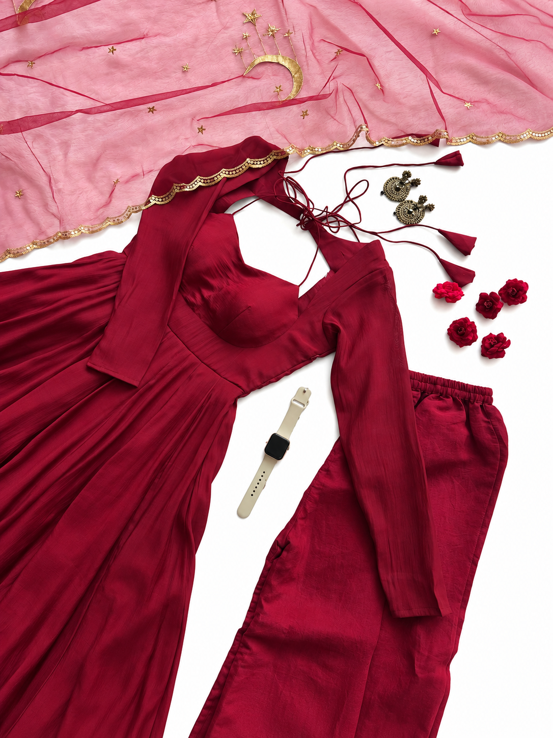 Elegant Wine Maroon Anarkali Gown with Pink Dupatta