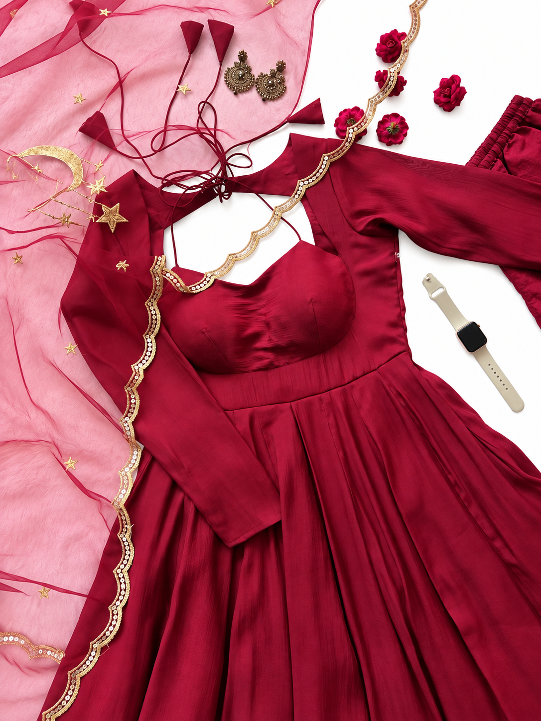 Elegant Wine Maroon Anarkali Gown with Pink Dupatta