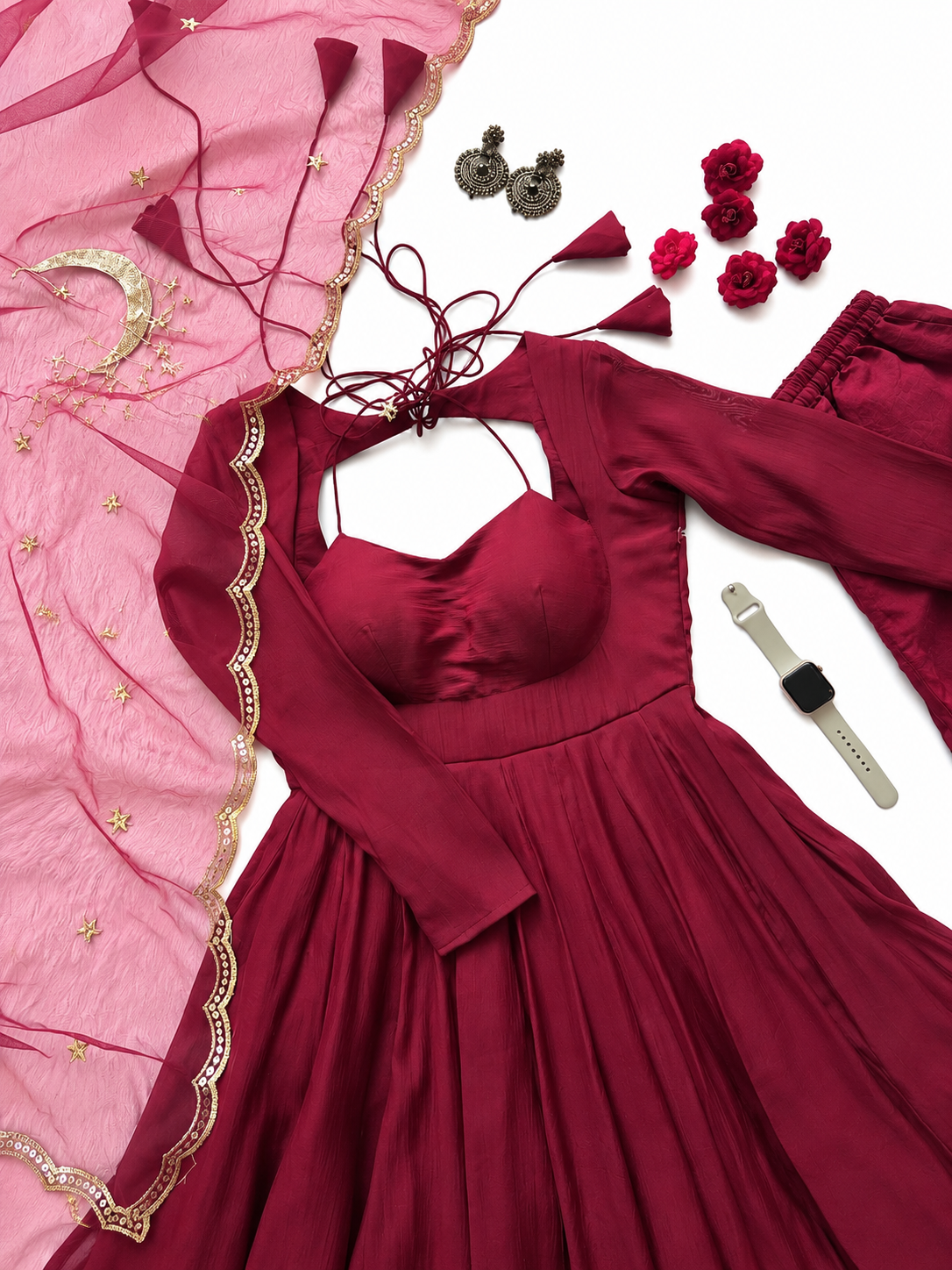 Elegant Wine Maroon Anarkali Gown with Pink Dupatta