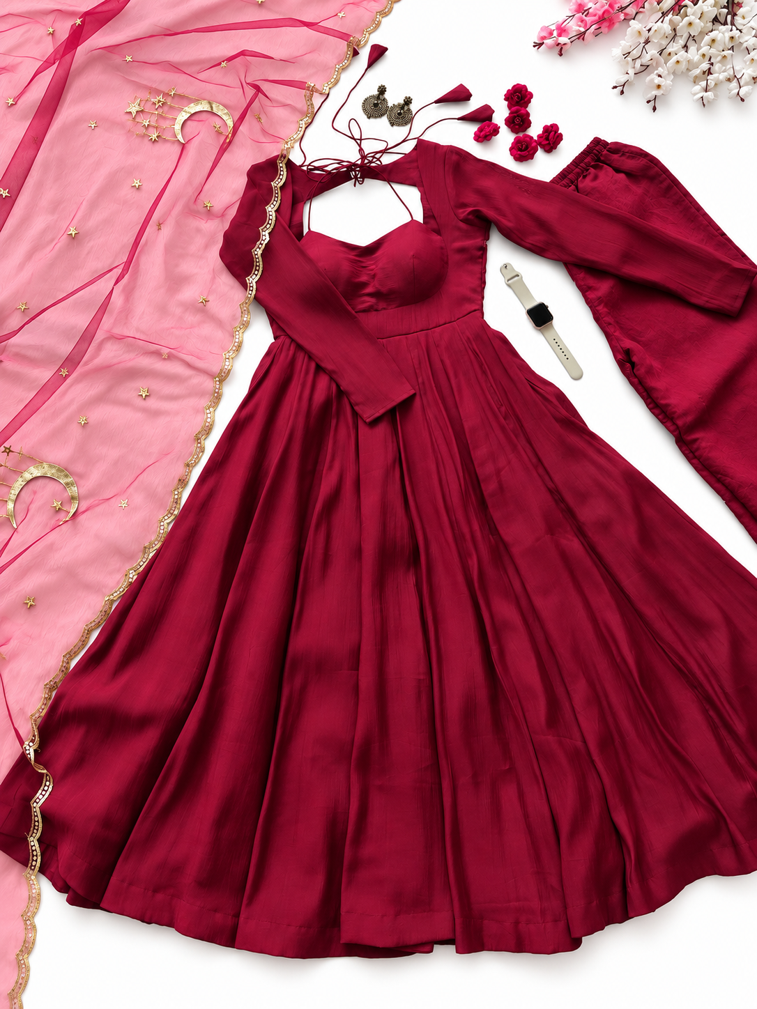 Elegant Wine Maroon Anarkali Gown with Pink Dupatta