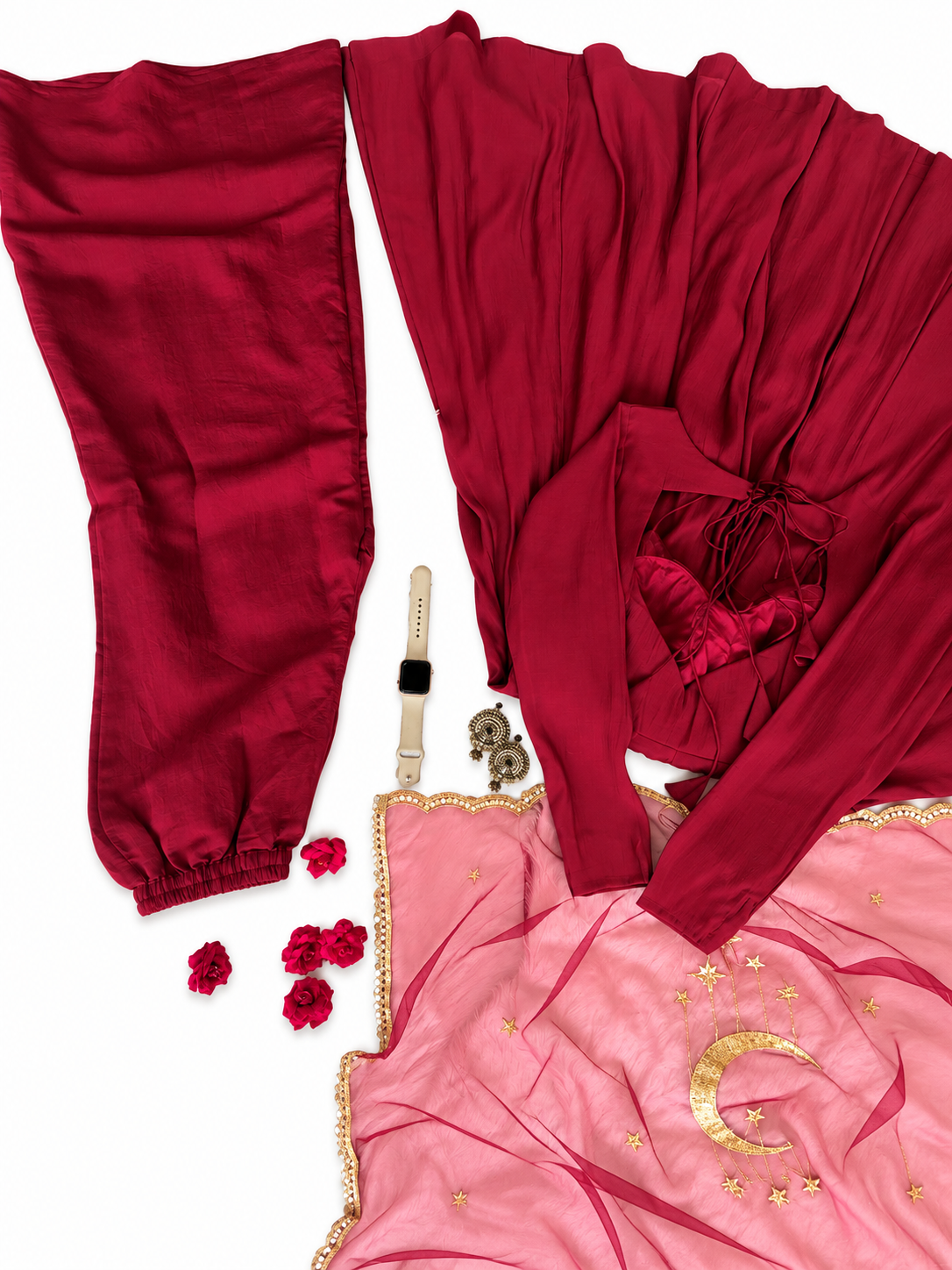 Elegant Wine Maroon Anarkali Gown with Pink Dupatta
