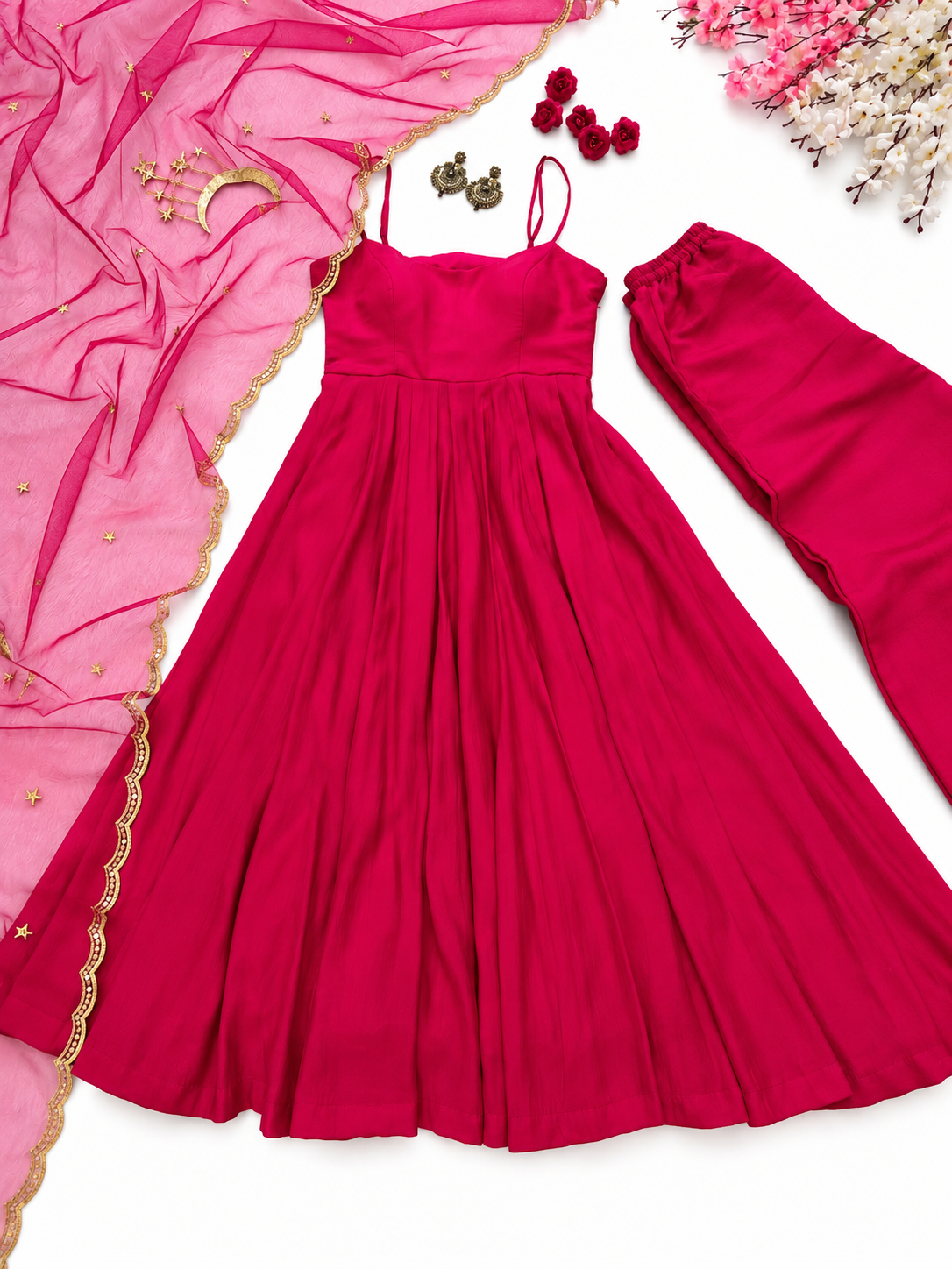 Elegant Magenta Anarkali Gown Set with Pink Dupatta