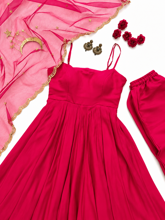 Elegant Magenta Anarkali Gown Set with Pink Dupatta