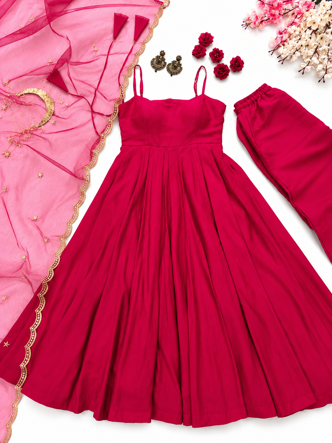 Elegant Magenta Anarkali Gown Set with Pink Dupatta