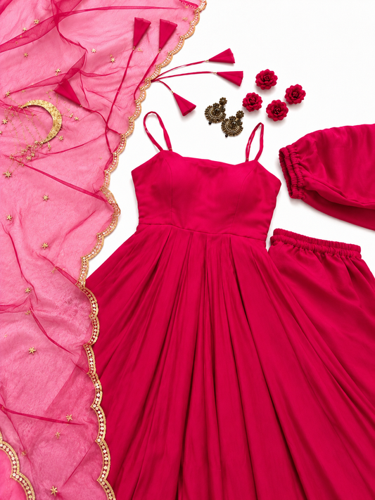 Elegant Magenta Anarkali Gown Set with Pink Dupatta
