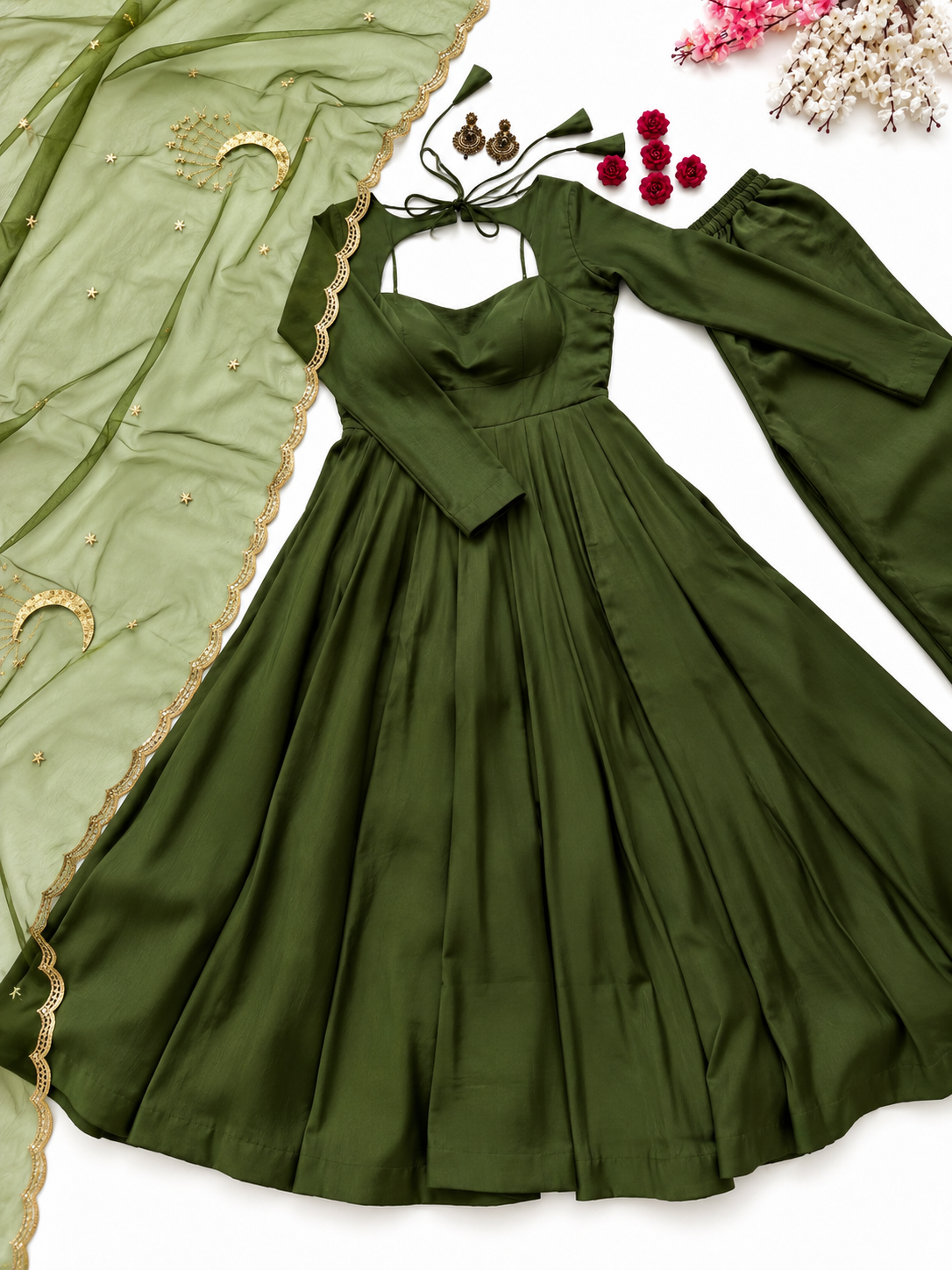 Olive Green Flared Anarkali Suit Set with Golden Moon & Star Embroidered Dupatta