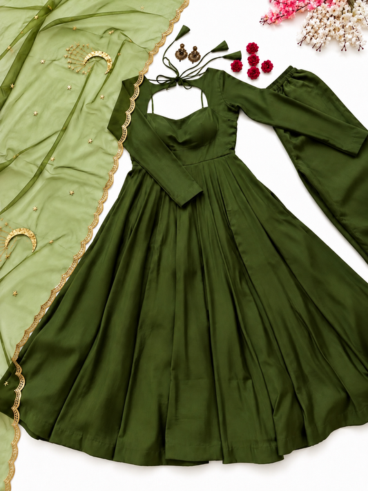 Olive Green Flared Anarkali Suit Set with Golden Moon & Star Embroidered Dupatta