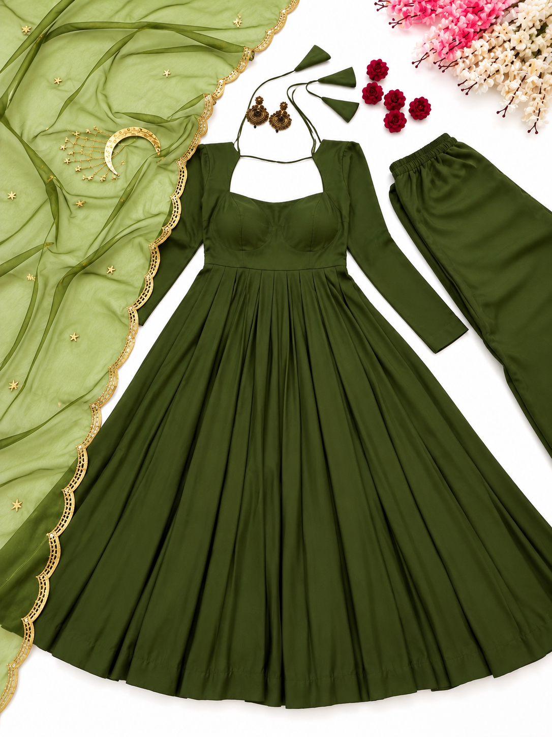 Olive Green Flared Anarkali Suit Set with Golden Moon & Star Embroidered Dupatta