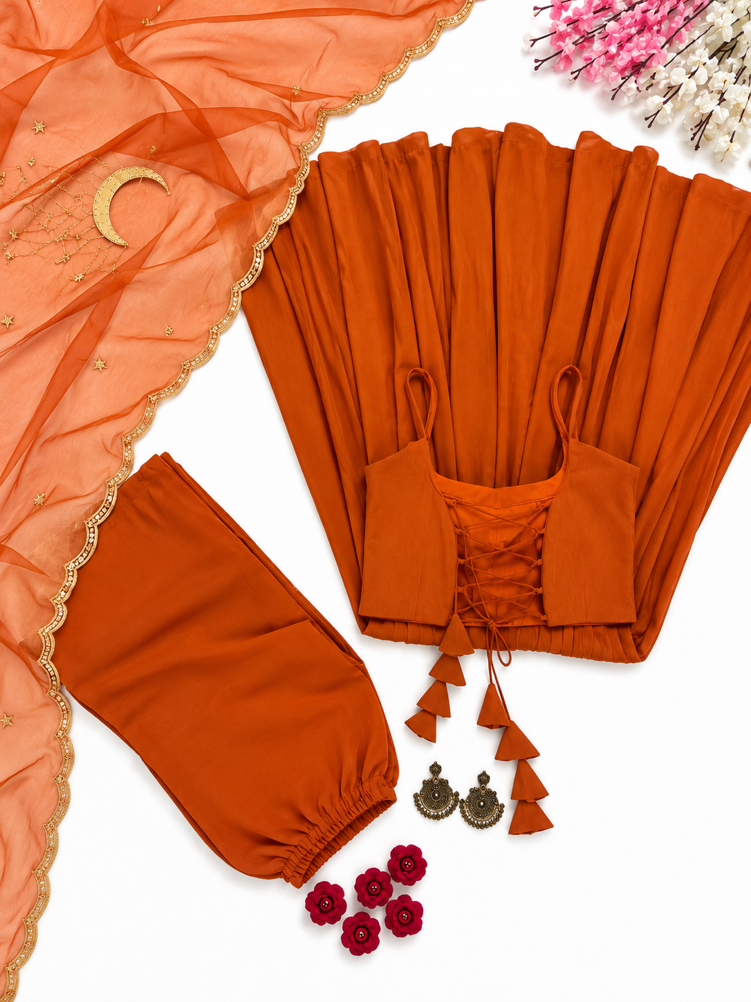 Elegant Rust Orange Anarkali Gown Set with Golden Embroidered Dupatta