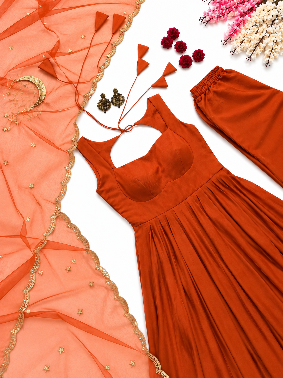Elegant Rust Orange Anarkali Gown Set with Golden Embroidered Dupatta