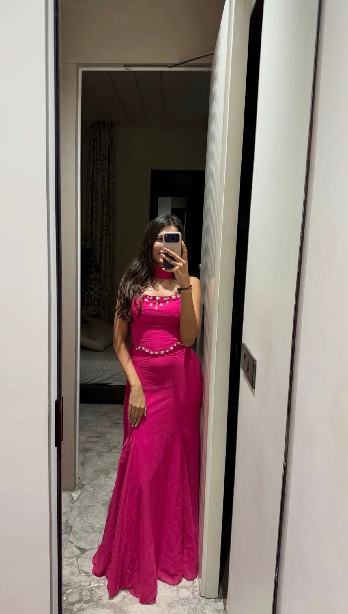 Fuchsia Pink Beaded Spaghetti Strap Maxi Dress with Matching Dupatta