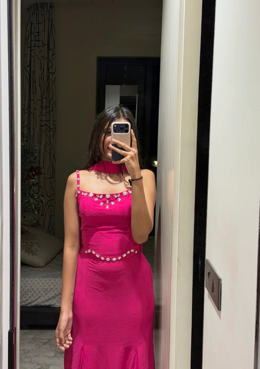 Fuchsia Pink Beaded Spaghetti Strap Maxi Dress with Matching Dupatta