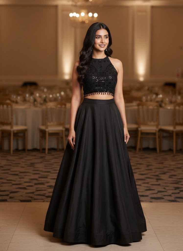 Black Halter Neck Lehanga Set - DevishaFashion
