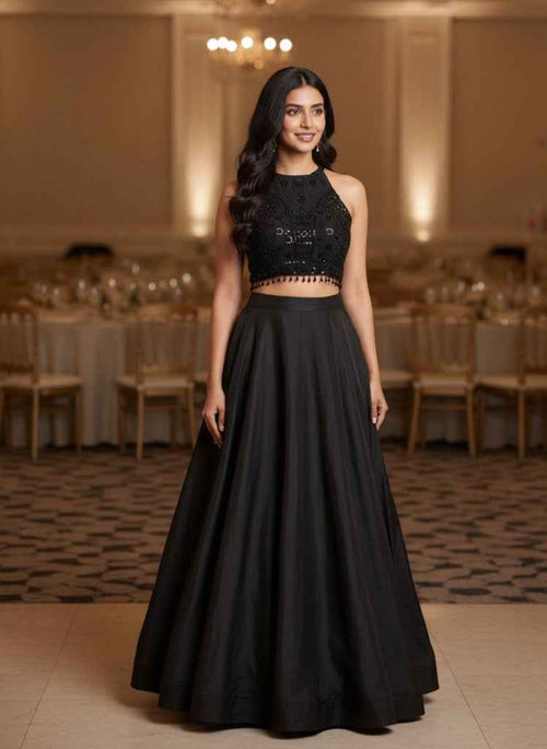 Black Halter Neck Lehanga Set - DevishaFashion