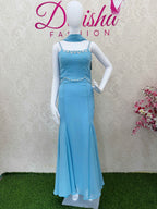 Sky Blue Beaded Spaghetti Strap Crop Top and Mermaid Skirt Set - DevishaFashion