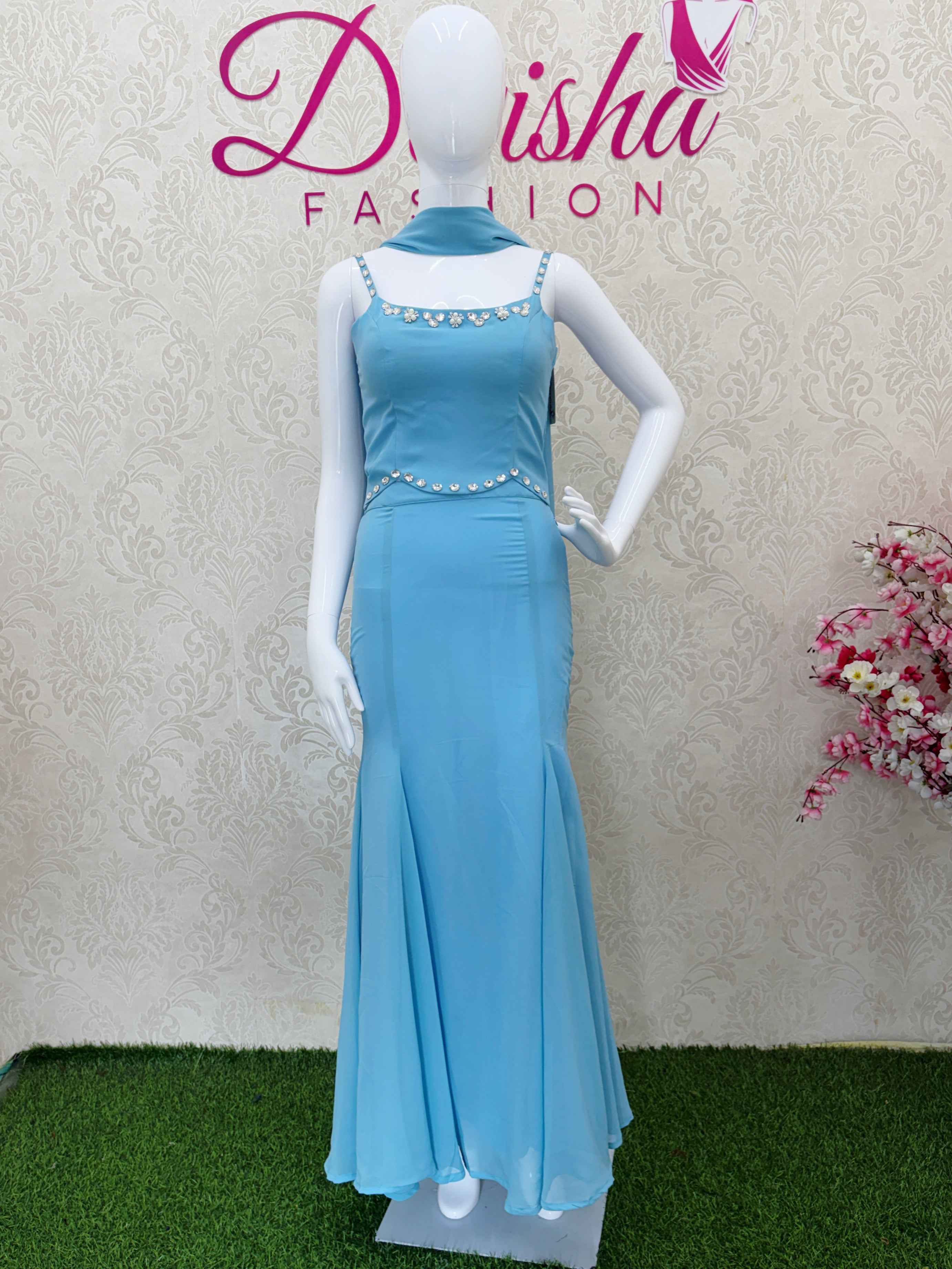 Sky Blue Beaded Spaghetti Strap Crop Top and Mermaid Skirt Set - DevishaFashion