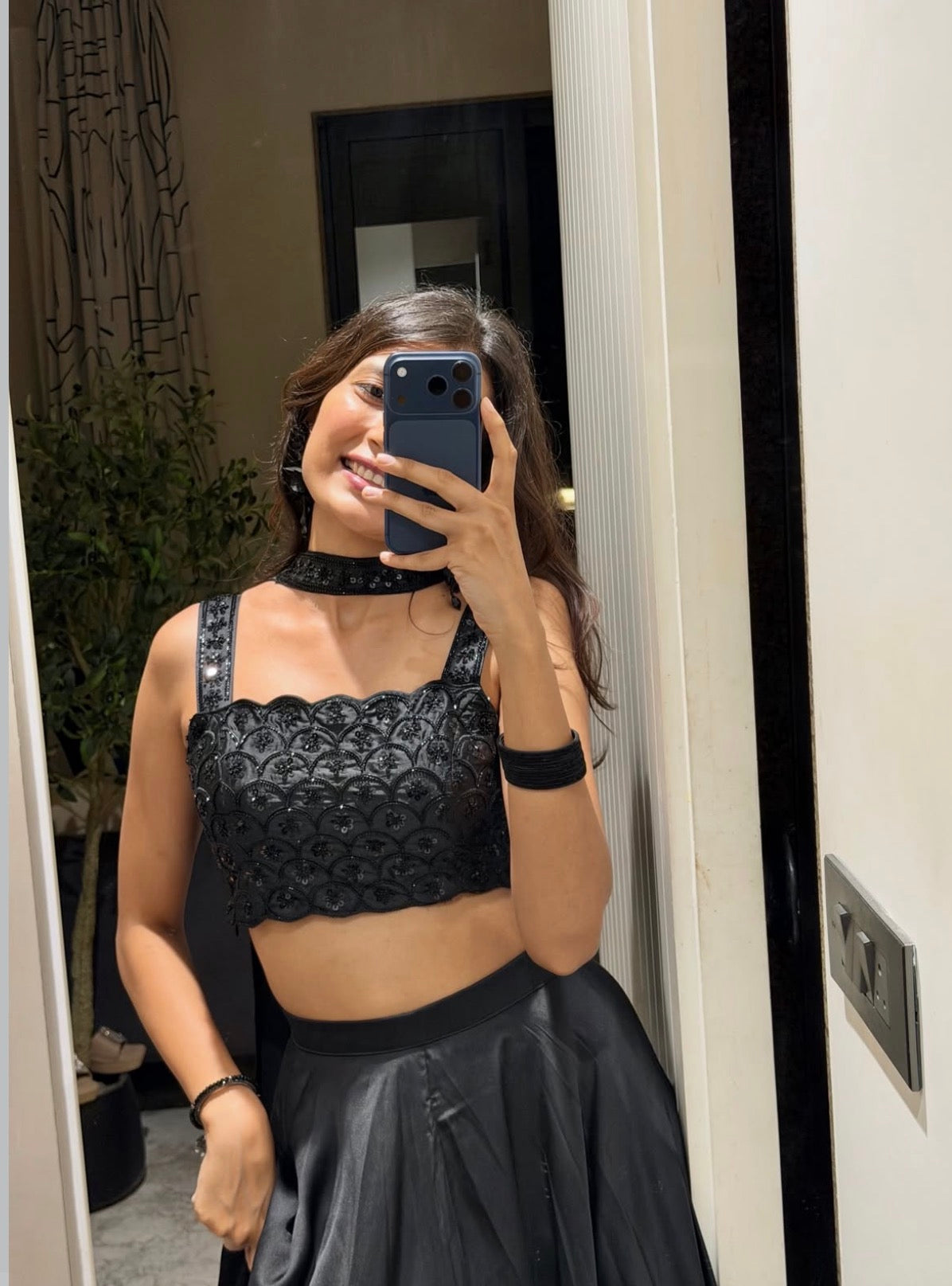 Black Embroidered Crop Top with Satin Flared Maxi Skirt Set